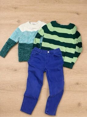 Bundle H&M Kids Green Striped & Colorblock Knit Sweaters and Jeans 👖